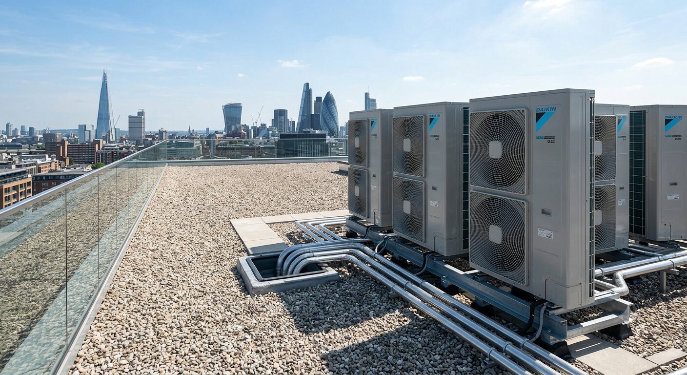 Modern air conditioning outdoor condenser bank running cleanly on a commercial roof deck